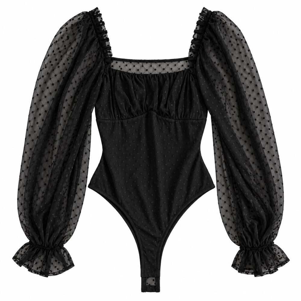 Lulus Black Swiss Dot Mesh Bodysuit M Square Neck Long Puff Sleeve NWT